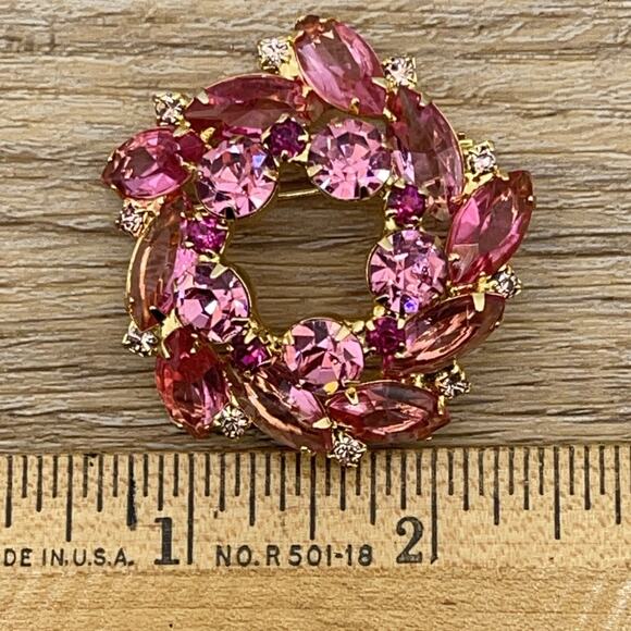 Juliana Brooch Delizza Elster Pink Crystal Rhinestones Wreath Gold Pin - Picture 4 of 4